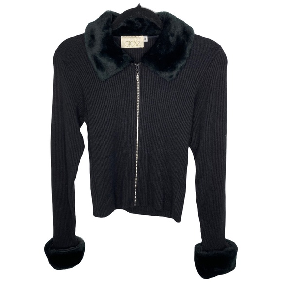 Cache Zip Embellished Vintage Ribbed Knit Y2K Sweater with Faux Fur Collar SizeM - Picture 2 of 6